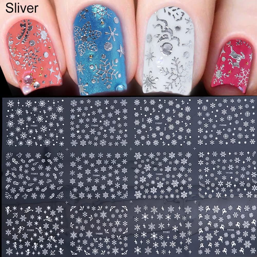 24 Sheets Snowflakes Nail Art Stickers Decals Christmas Nail Decals 3D Snowflake Self-Adhesive Nail Designs White and Sliver Winter Nail Art Supplies Beauty & Personal Care RYAOLFLY