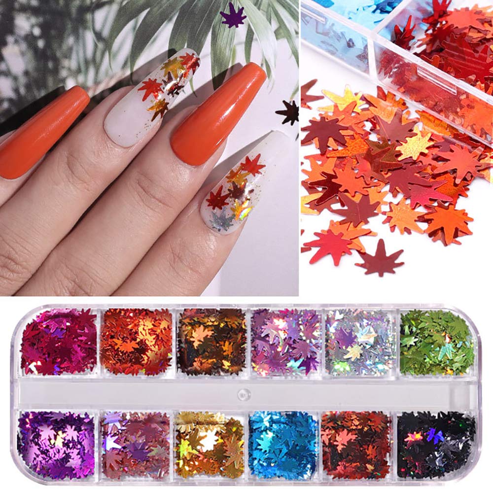 12 Colors Fall Leaf Glitter Nail Sequins - 3D Maple Leaf Holographic Nail Art Flakes Colorful Confetti Glitter Sticker Decals Manicure Nail Art Design Beauty & Personal Care Qdsuh