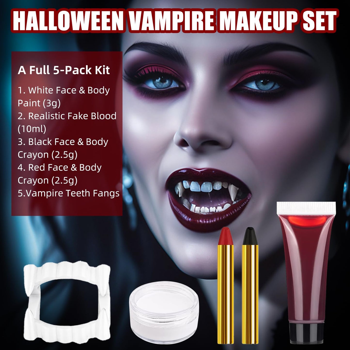 Halloween Vampire Makeup Kit, SFX Makeup Set with White Face & Body Paint, Fake Blood, Face Paint Crayons & Fake Teeth for Vampire, Zombie, Clown Beauty & Personal Care Js2U ZW
