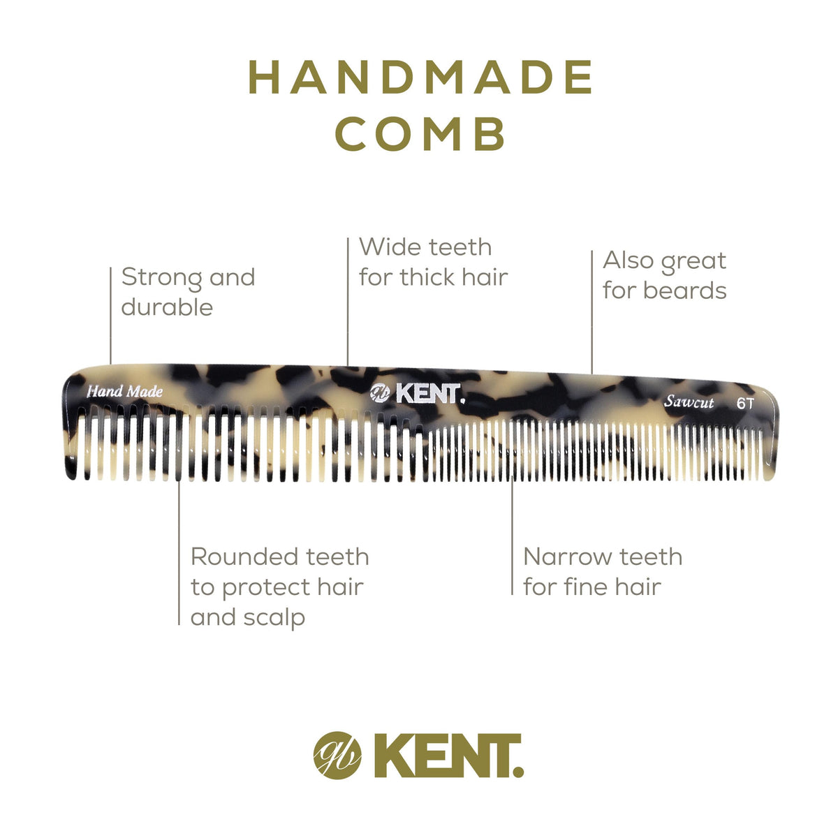 Kent 6T TW Fine Tooth and Wide Tooth Hair Comb, Handmade Styling Comb for Hair Care, Barber Combs, Beard Combs For Men, Styling Grooming for Men,