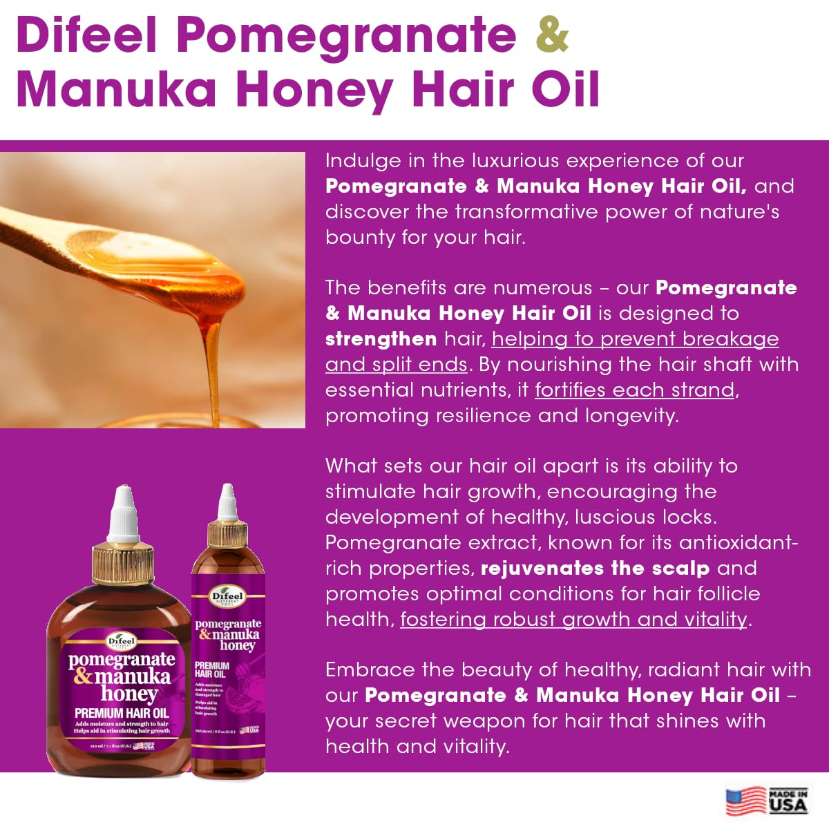 Difeel Elevated Pomegranate & Manuka Honey Premium Hair Oil 12 oz. - Growth Stimulating, Moisturizing & Strengthening Hair Oil for Dry, Damaged Hair Beauty & Personal Care Difeel