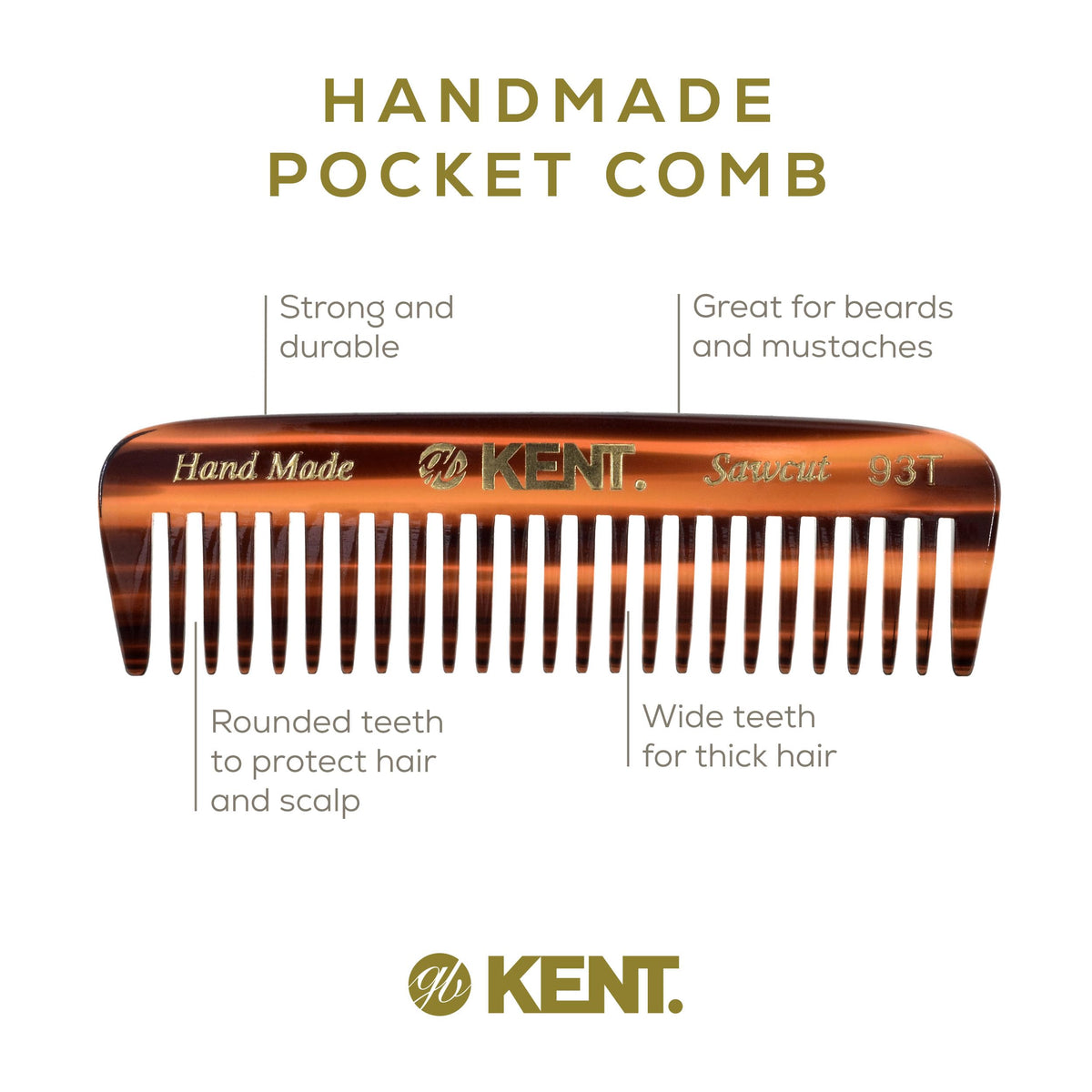 Kent 93T Tortoiseshell Beard Comb for Men - Wide Tooth Men's Comb, Ideal For Mustaches and Beards and Facial Hair, Small Pocket Sized Travel Detangler