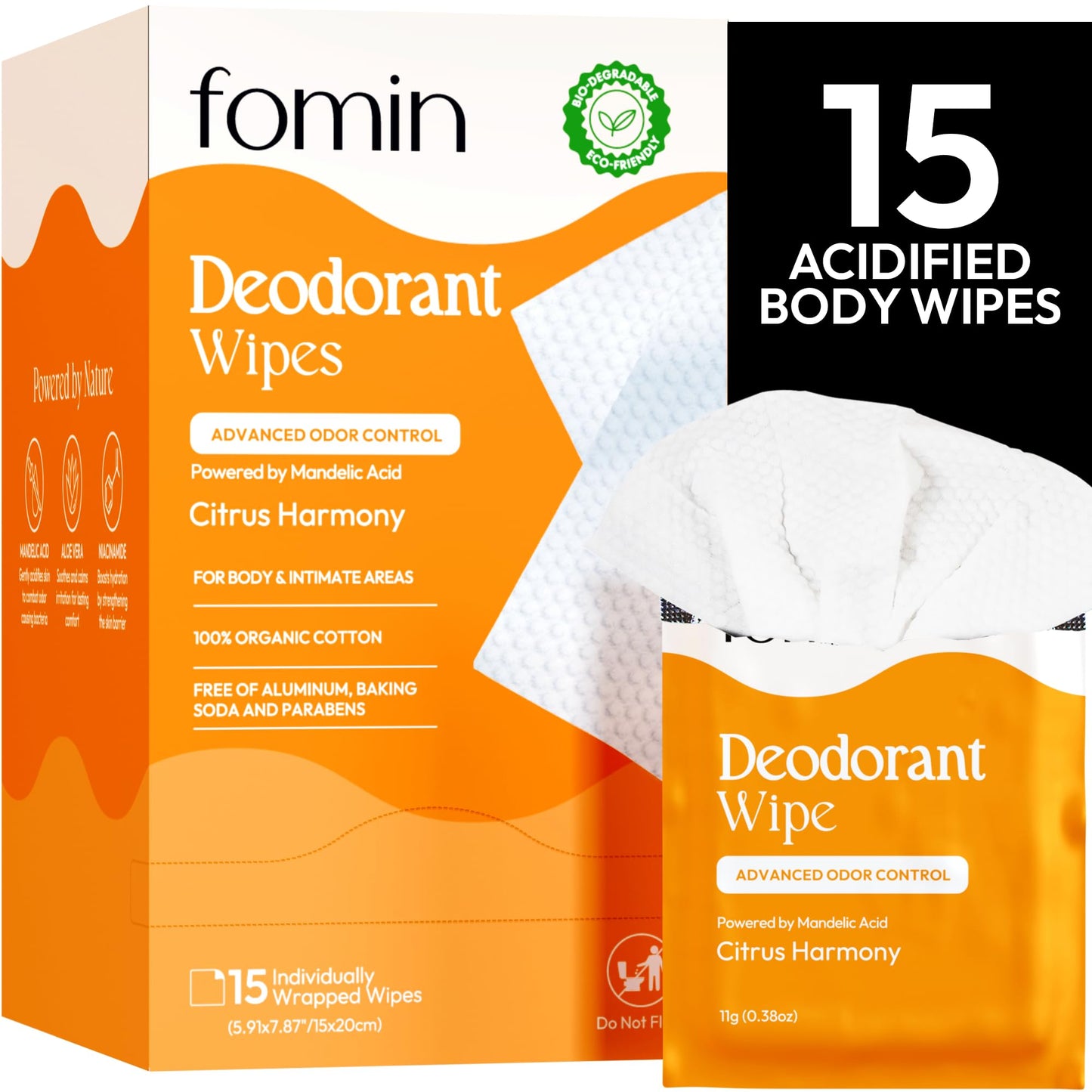 FOMIN Acidified Travel Deodorant Wipes for Women & Men - 15 Count - Citrus Harmony - pH Balanced, Mini Deodorant Travel Size Wipe - Plastic-Free Beauty and Personal Care FOMIN