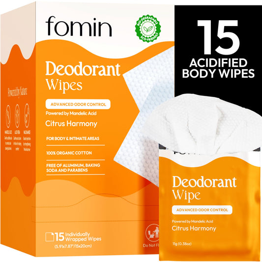 FOMIN Acidified Travel Deodorant Wipes for Women & Men - 15 Count - Citrus Harmony - pH Balanced, Mini Deodorant Travel Size Wipe - Plastic-Free Beauty and Personal Care FOMIN