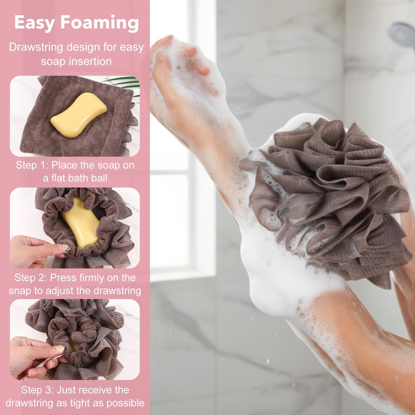 WJIAAA Loofah Washcloth Combo, 3 Pack 2-in-1 Exfoliating Shower Pouf Soap Pocket Drawstring Exfoliation Mesh Ball Hold Bar Soap Loofah Washcloth Body Beauty and Personal Care WJIAAA