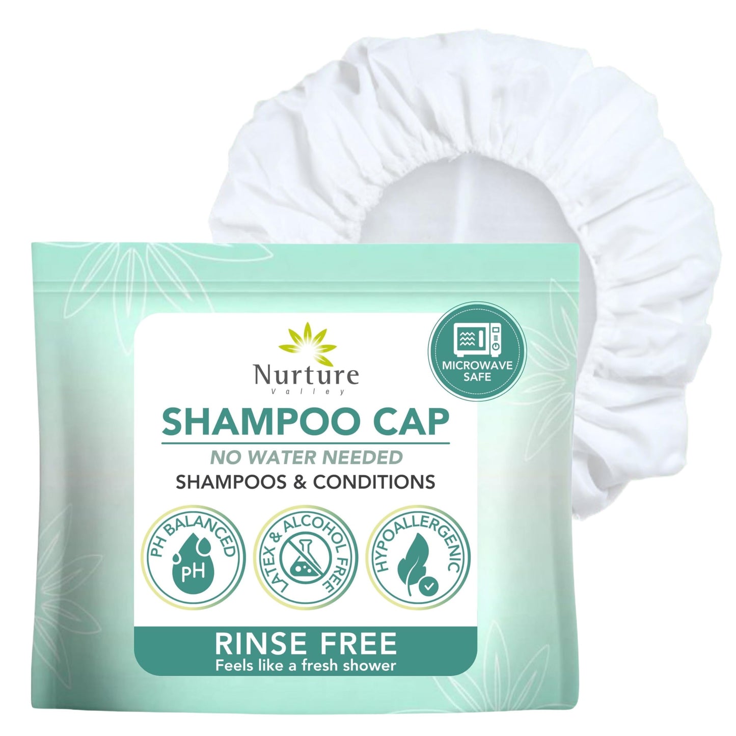 No Water Rinse Free Shampoo Cap by Nurture - Microwavable Washing & Conditioning Shower Caps to Wash Hair w/o Bath - Waterless Bathing - Disposable Beauty and Personal Care Nurture Valley