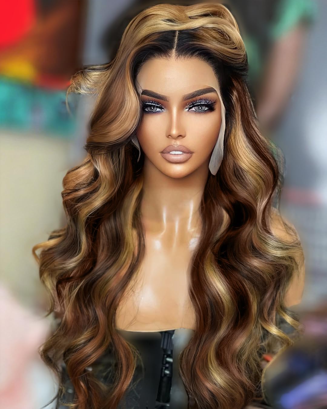 Sheshakewave Synthetic Lace Front Wig 13x6 HD Lace Wig Highlight Brown Mix Blonde Body Wave 100% Futura Premium Wigs For Women 28 Inch Pre Plucked