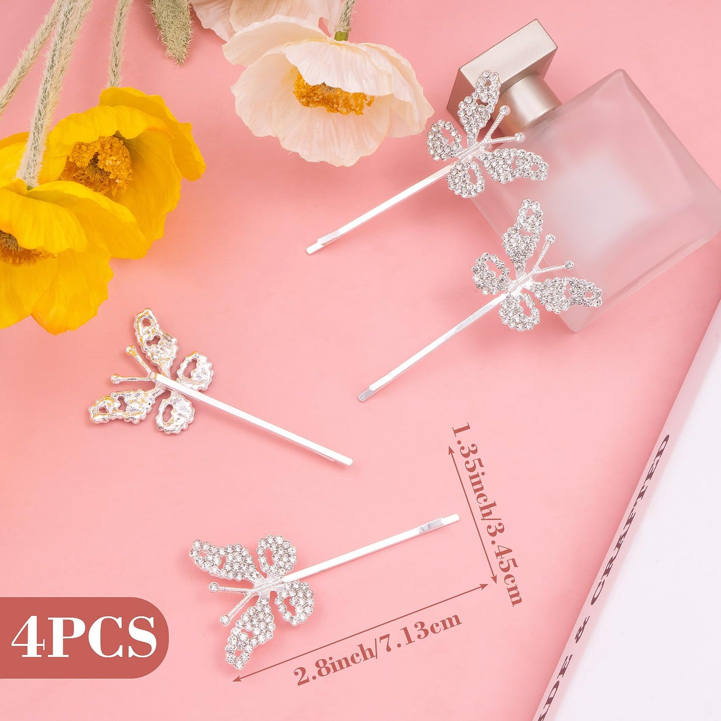 HINZIC 4 Pack Non-Slip Butterfly Hair Clips, Glittering Rhinestone Headwear Styling Bobby Pins, Sparkling Diamond Hairgrip Barrettes Accessories Beauty & Personal Care HINZIC