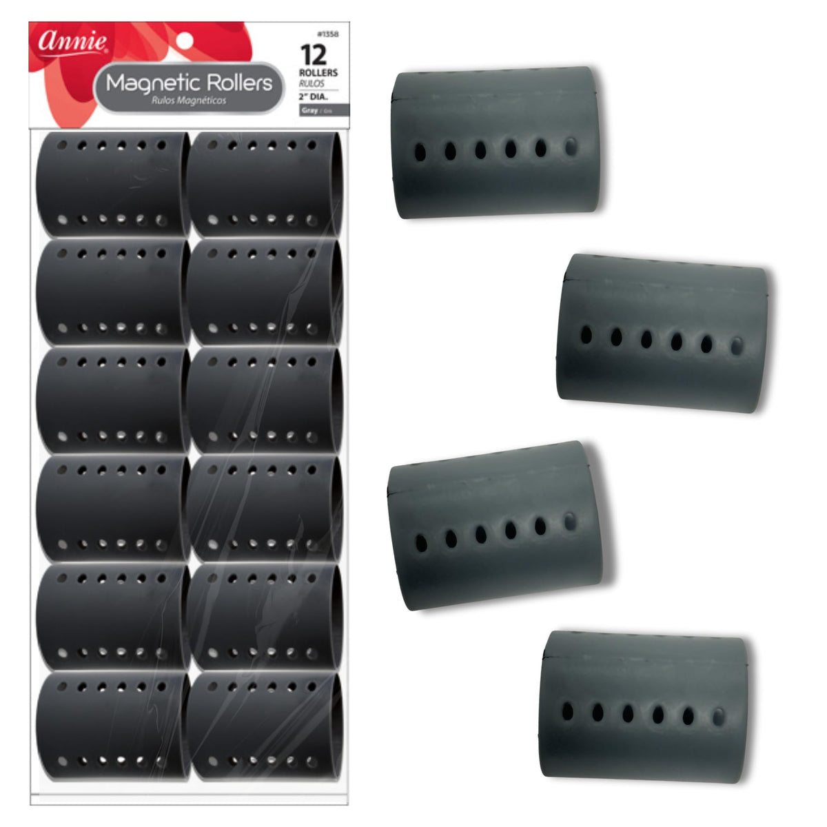 Annie Magnetic Hair Rollers 2 Inch, 12 Count Gray Curlers for Smooth Curls & Waves, Easy Dry or Damp Sets, Secure Comfortable Fit, Use with Pins/Clips