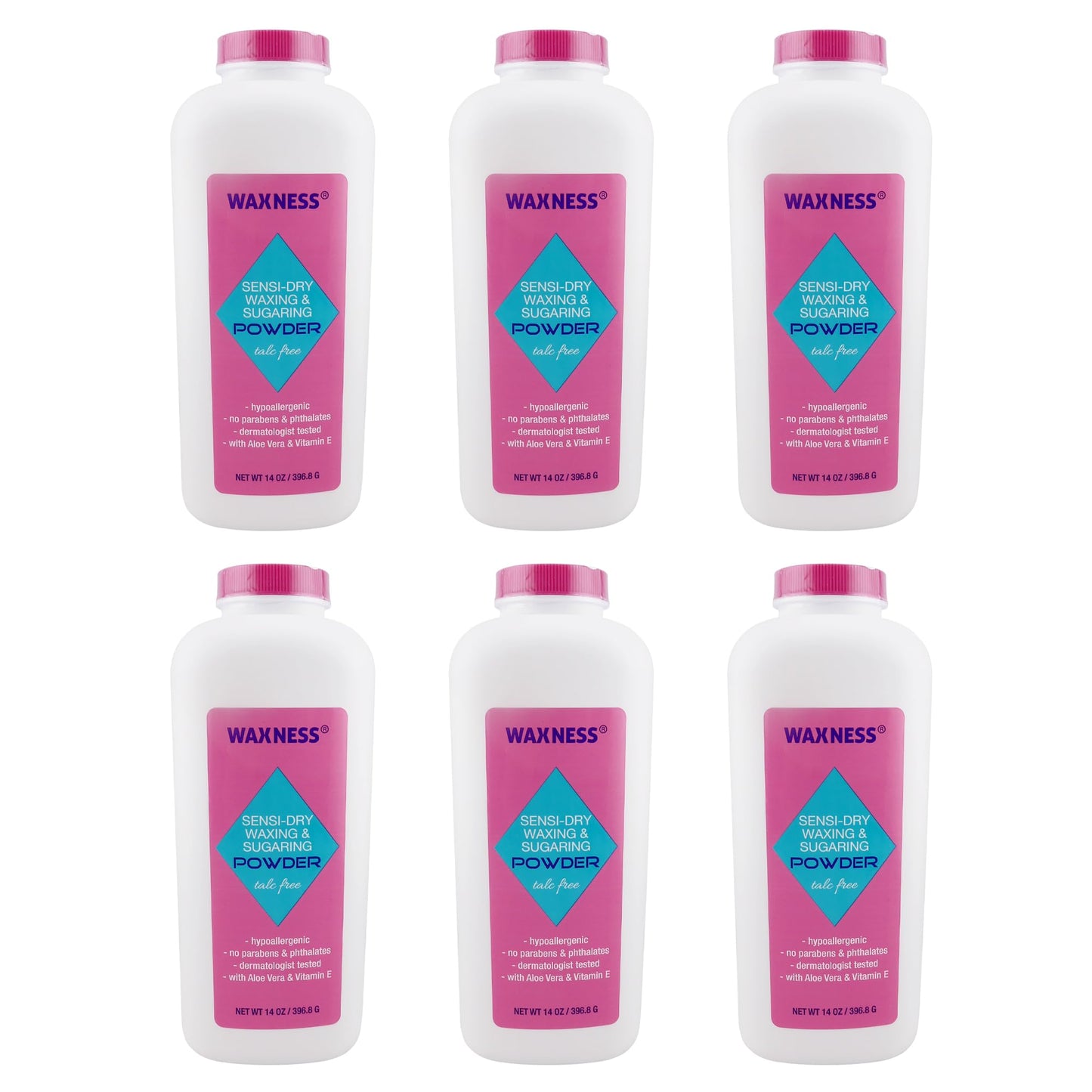 Waxness Sensi Dry Waxing & Sugaring Powder 14 oz (397 g), Pack of 6 - Moisture Absorbing Pre Wax Powder for Waxing & Sugaring, Professional Use Beauty and Personal Care Waxness