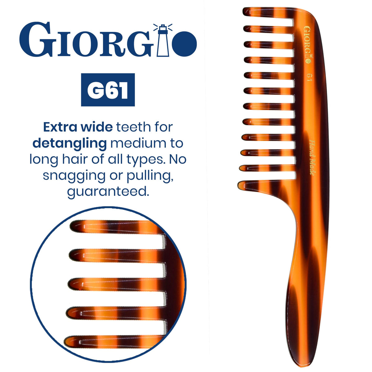 Giorgio G61 Extra Wide Tooth Detangler Comb - Large Teeth for Long, Thick, Wavy or Curly Hair. Handmade Saw-Cut and Hand Polished for Dry or Wet Use