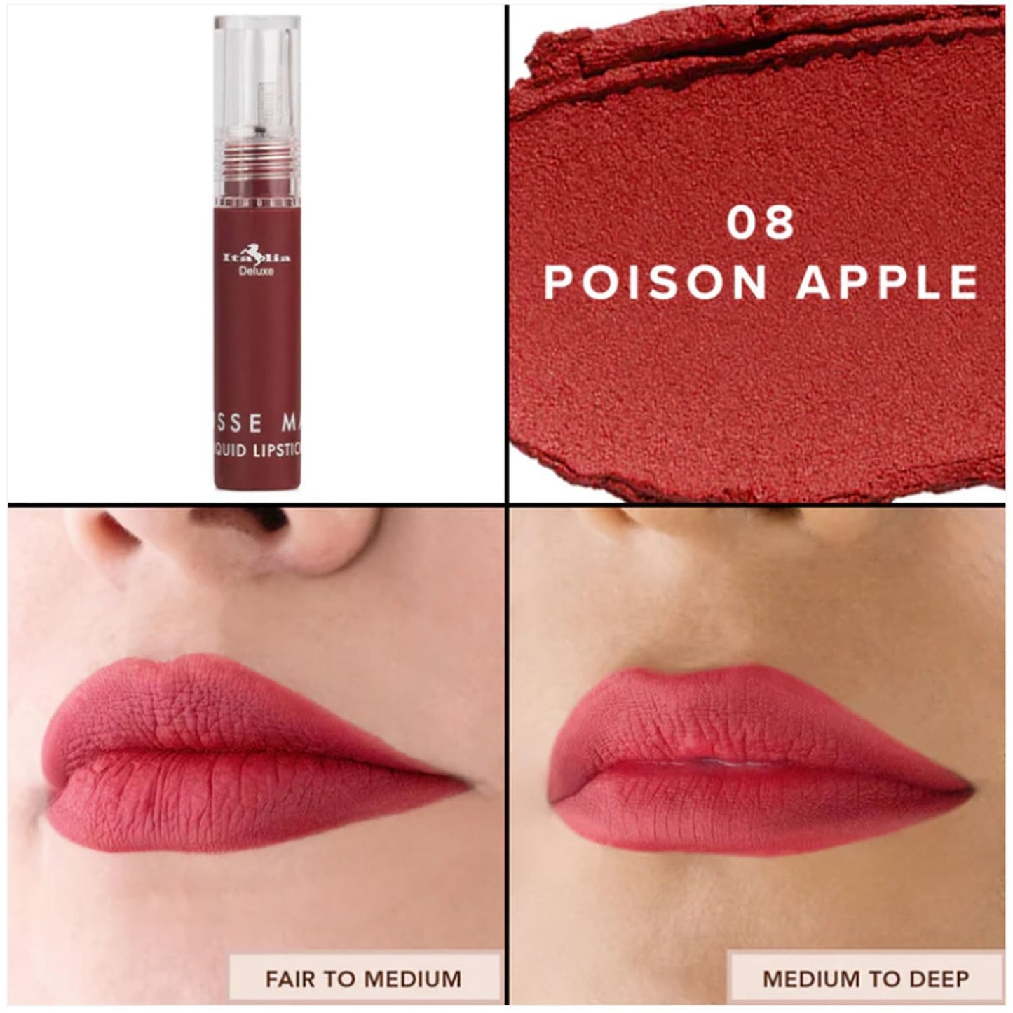 Italia Deluxe Pick 1 Mousse Matte Liquid Lipstick Comfortable Velvet Finish & Zipper Bag (190-08 : POISON APPLE, Full Size) Beauty & Personal Care Italia Deluxe
