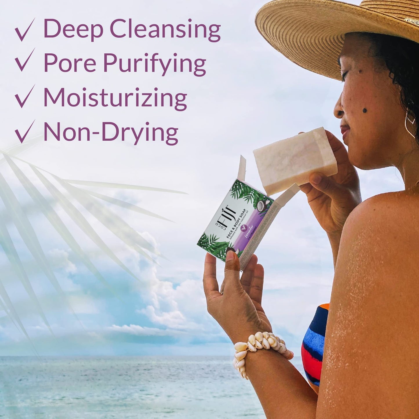 "Coco Fiji Soap Bar for Face and Body Infused With Organic Coconut Oil, Lavender Essential Oil, Natural Soap for Moisturizing & Pore Purifying Skin, 7 Beauty & Personal Care Organic Fiji