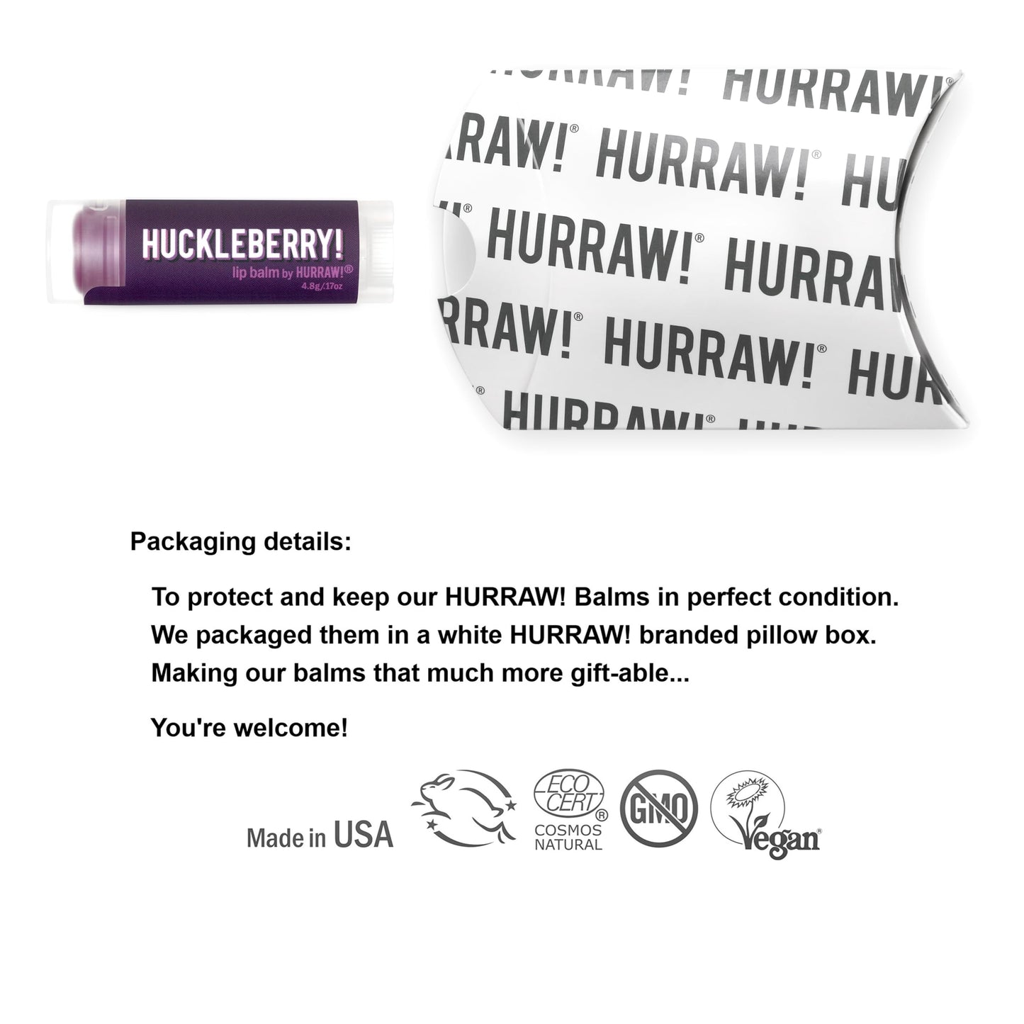 Hurraw! Huckleberry Lip Balm: Organic, Certified Vegan, Cruelty and Gluten Free. Non-GMO, 100% Natural Ingredients. Bee, Shea, Soy and Palm Free. Made Beauty & Personal Care HURRAW!