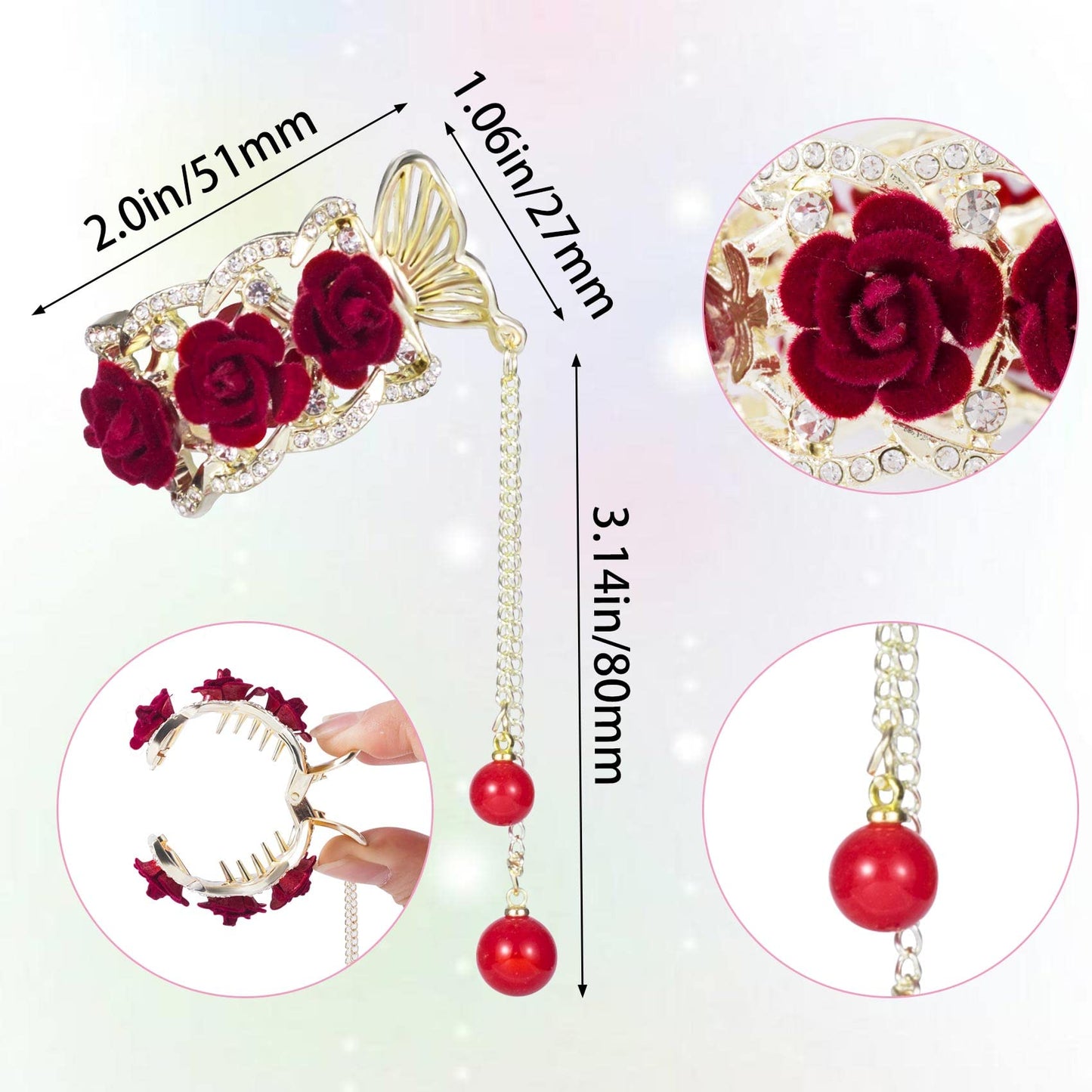 HINZIC 2pcs High Ponytail Hair Claw Clips, 2inch Rose Crystal Rhinestone Hair Clips Vintage Barrettes Cuff Chinese Hair Accessories for Thick Long Beauty & Personal Care HINZIC