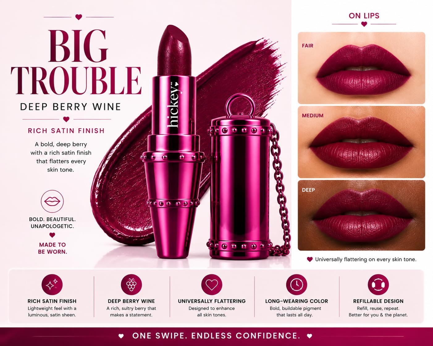 Hickey Refillable Pendant Lipstick, Big Trouble[Berry Wine] - Wearable Satin Lip Color on a Chain, Refillable Clean Beauty, Full Lipstick Included Beauty & Personal Care Hickey