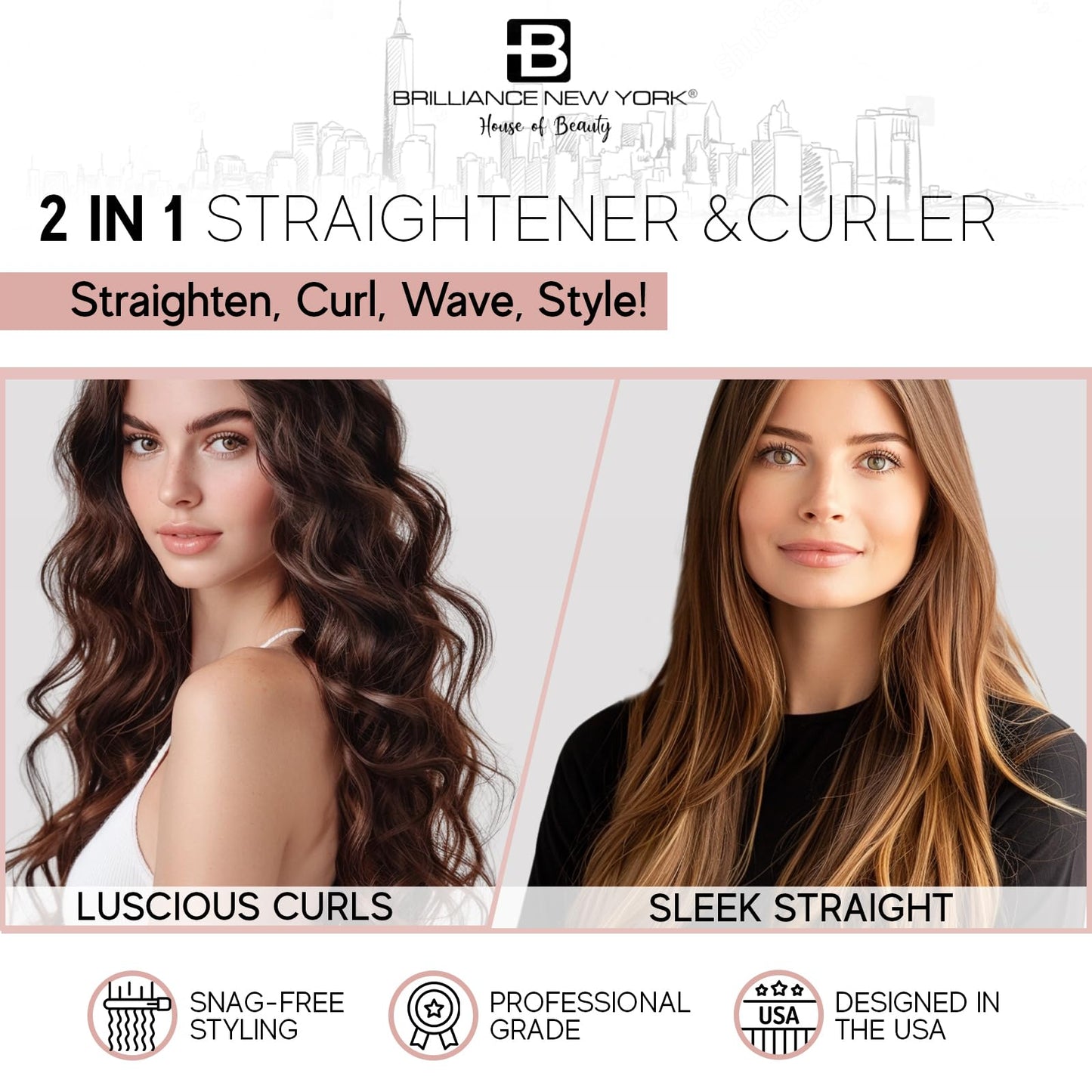 Brilliance New York - 1 Inch Diamond Titanium Flat Iron - 2 in 1 Hair Straightener and Curler - Anti-Static, Frizz-Free Ionic Plates - Auto Shut-Off Beauty & Personal Care Brilliance New York