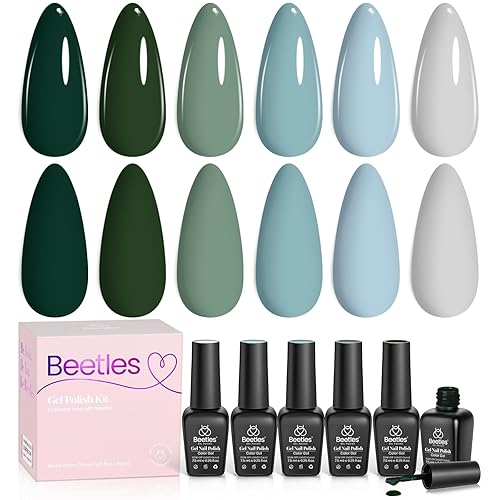Beetles Green Gel Nail Polish Set, 6 Colors Dark Green Gray Blue Baby Blue Color Gel Nail Polish Misty Soak Off DIY Home Uv Nails Gifts for Women Beauty & Personal Care beetles Gel Polish