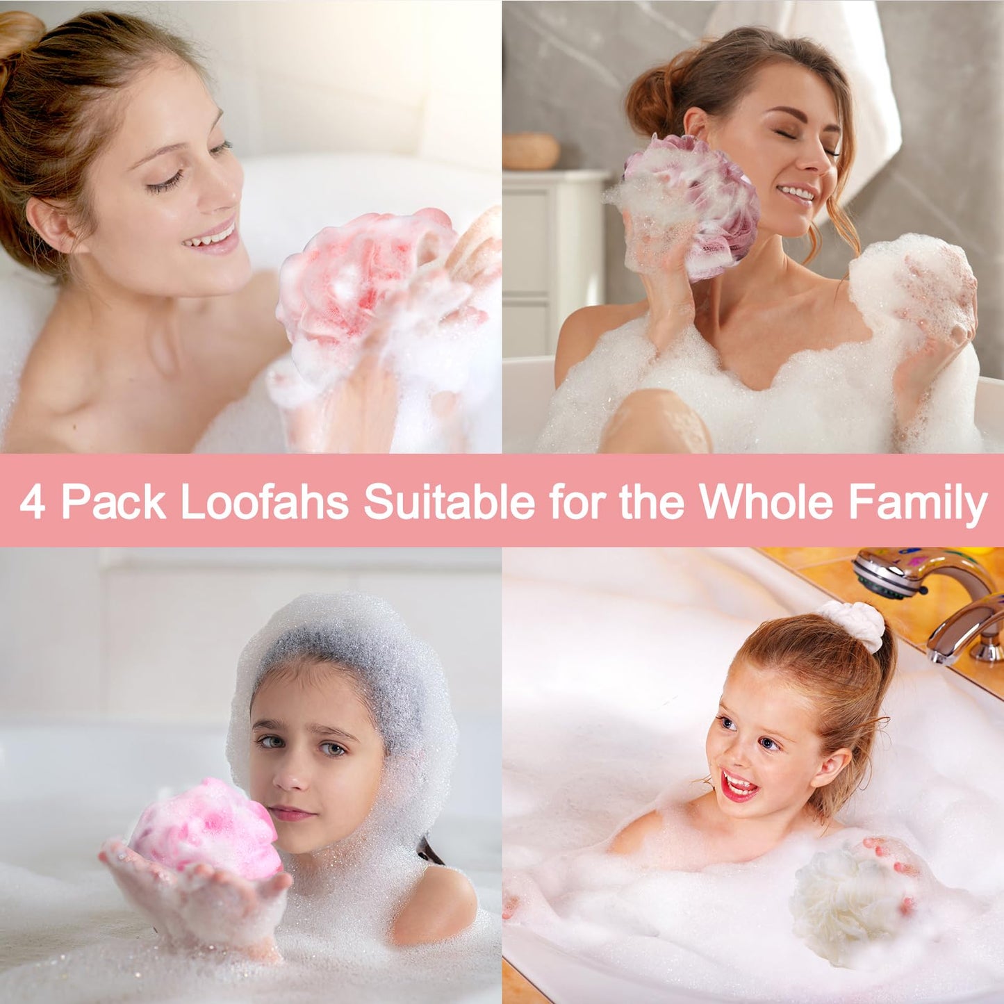 Fishent Loofah Bath Sponge Shower Loofahs, Pack of 4 Pink Soft Loofa Exfoliating Body Scrubber Mesh Shower Puff Pouf Ball Luffa for Women(50g/pcs) Beauty and Personal Care Fishent