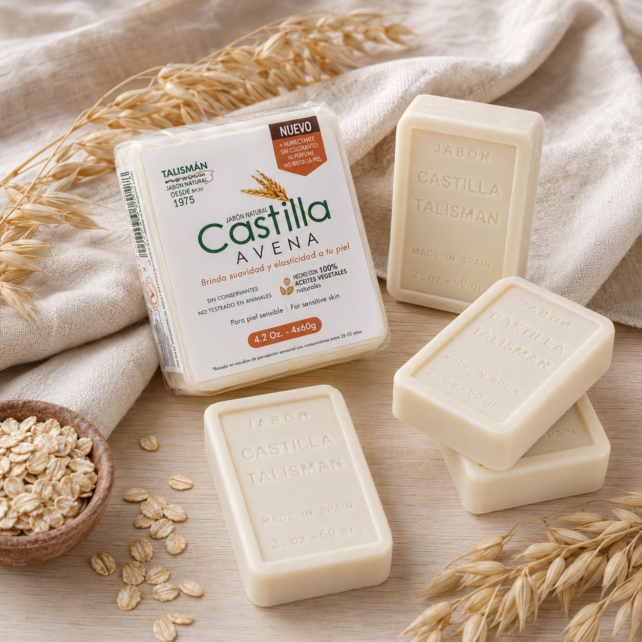 TALISMÁN Castilla Oatmeal Soap - 100% Natural and Preservative-Free for Sensitive Skin - Provides Softness and Elasticity, 2 oz Bars - 4-PACK Beauty & Personal Care TALISMÁN
