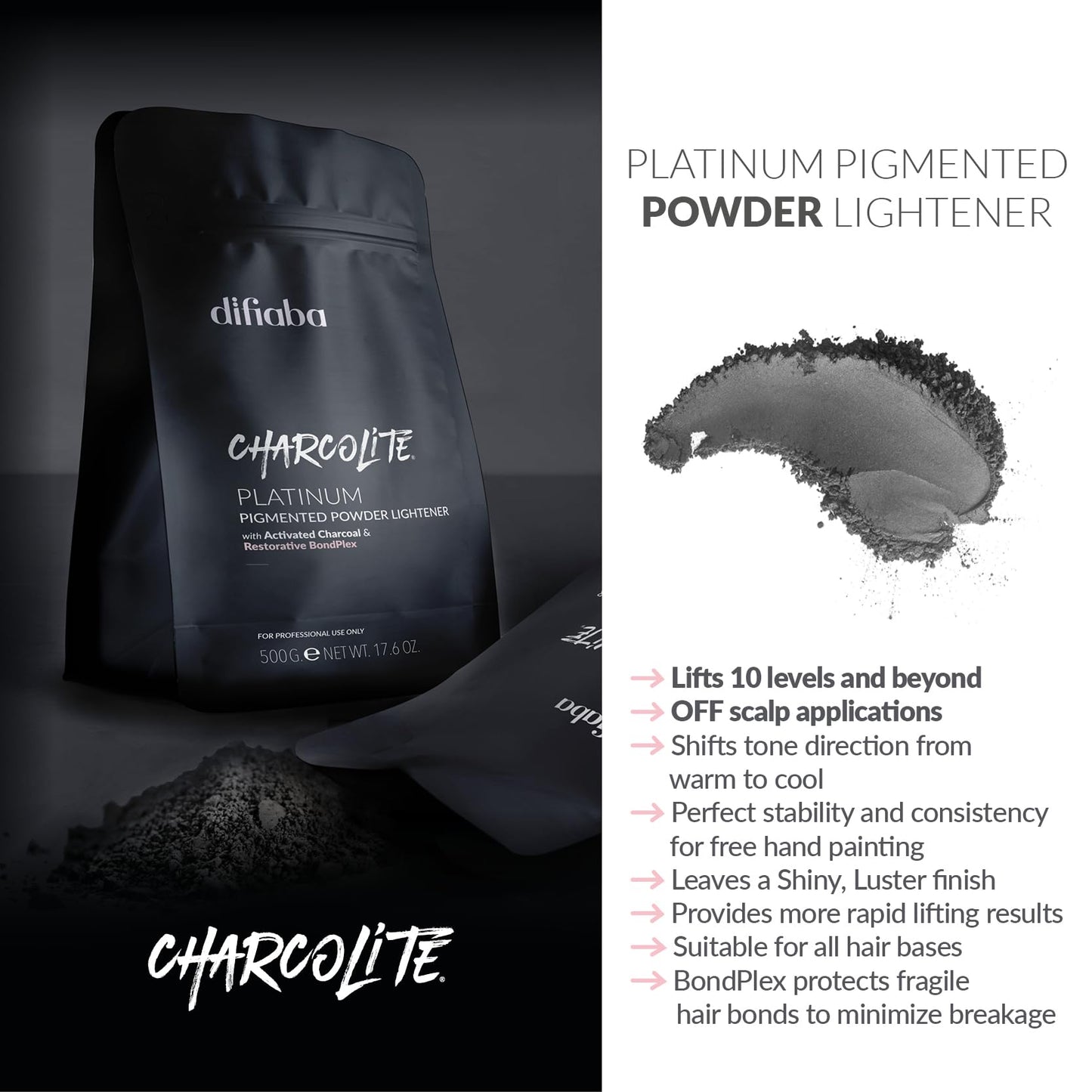 DIFIABA Charcolite Charcoal Bleach Hair Lightener Powder - Cool Toning Lightening Powder w/ Activated Charcoal & Restorative BondPlex - Lighten & Tone Beauty & Personal Care Difiaba