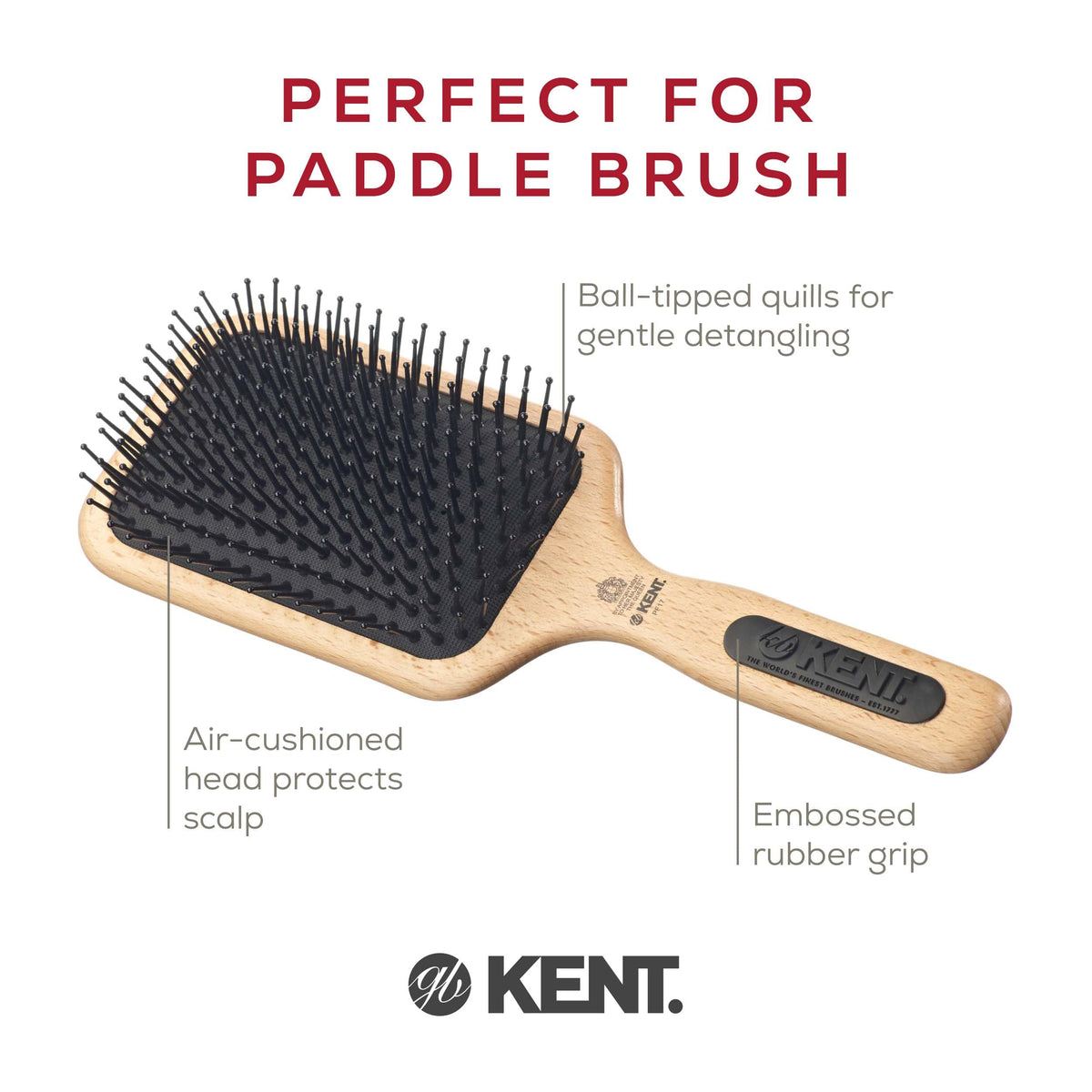 Kent PF17 Large Cushion Paddle Brush, Taming Fine Pins Hair - Detangling Long, Thick, Curly Hair, Scalp Massager, Growth Stimulator. Wet or Dry Use.