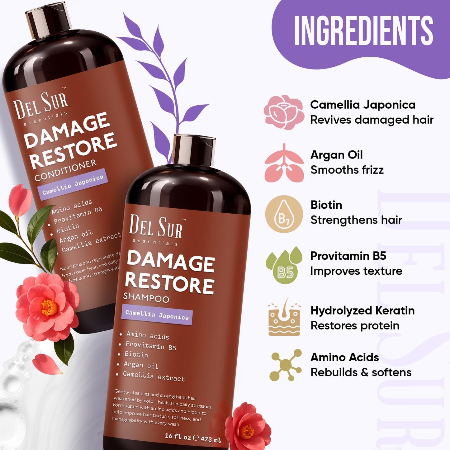 DEL SUR Hair Repair Shampoo and Conditioner Set | 16 fl oz Each | with Camellia Japonica, Amino Acids, Biotin & Argan Oil | Moisturizing Strength Beauty & Personal Care DEL SUR