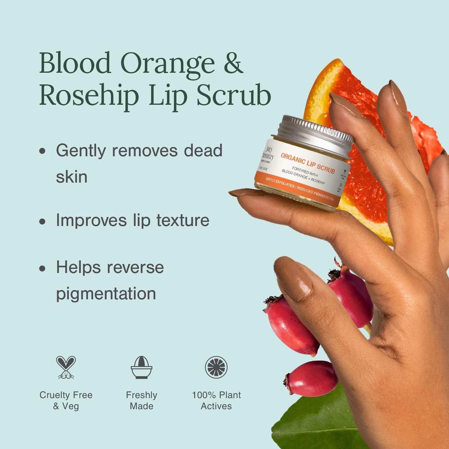 Juicy Chemistry Blood Orange & Rosehip Lip Scrub,10 g - Gentle Exfoliating Scrub For Dark Lips & Pigmentation - Organic Lip Exfoliator For Soft Beauty and Personal Care Juicy Chemistry
