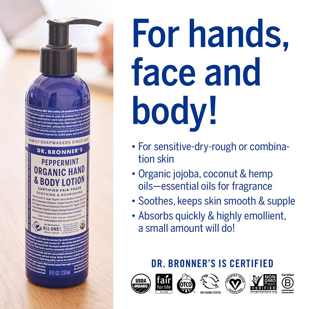 Dr. Bronner's Organic Lotion (Peppermint, 8 Ounce) - Organic Moisturizer for Hands, Face & Body - Vegan, Non-GMO Beauty & Personal Care Dr. Bronner's
