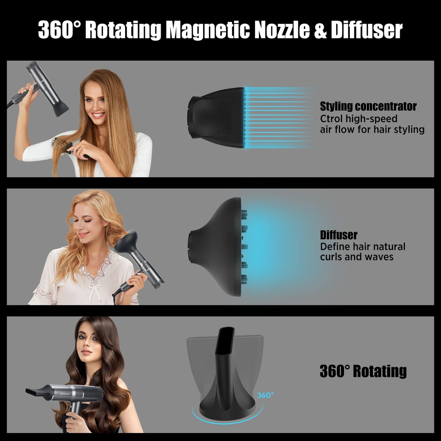 Blow Dryer with Diffuser, IG INGLAM Professional Hair Dryer 110,000RPM Brushless Motor High Speed Low Noise, 3 Heat Settings & 3 Speed & Cold Beauty & Personal Care IG INGLAM