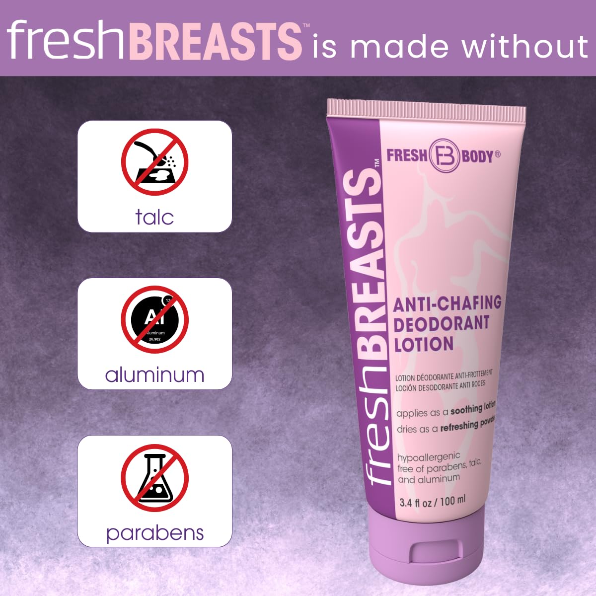 Fresh BREASTS Cream Anti Chafing Deodorant Lotion to Powder, 3.4oz (3 Pack) Anti Chafe Whole Body Deodorant for Women, Inner Thighs & Areas that Sweat Beauty and Personal Care Fresh Body FB