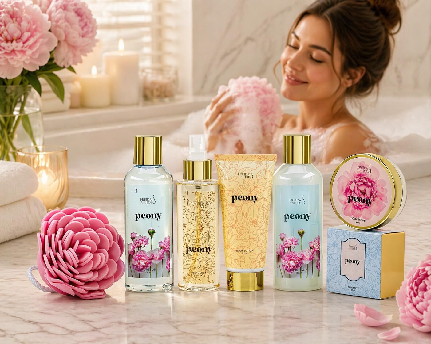 Peony Spa Gift Basket for Women - Mother’s Day Bath & Body Gift Set with Shower Gel, Bubble Bath, Body Mist, Bath Salts & Scrub - Self Care Gift Box Beauty and Personal Care Freida and Joe