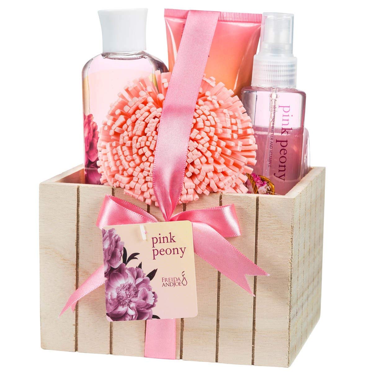 Pink Peony Bathroom Bath Set for Women, Complete Skincare Products in a Natural Wood Plant Box, Body Lotion, Shower Gel, Bubble Bath, Body Spray, Puff Beauty & Personal Care Freida and Joe