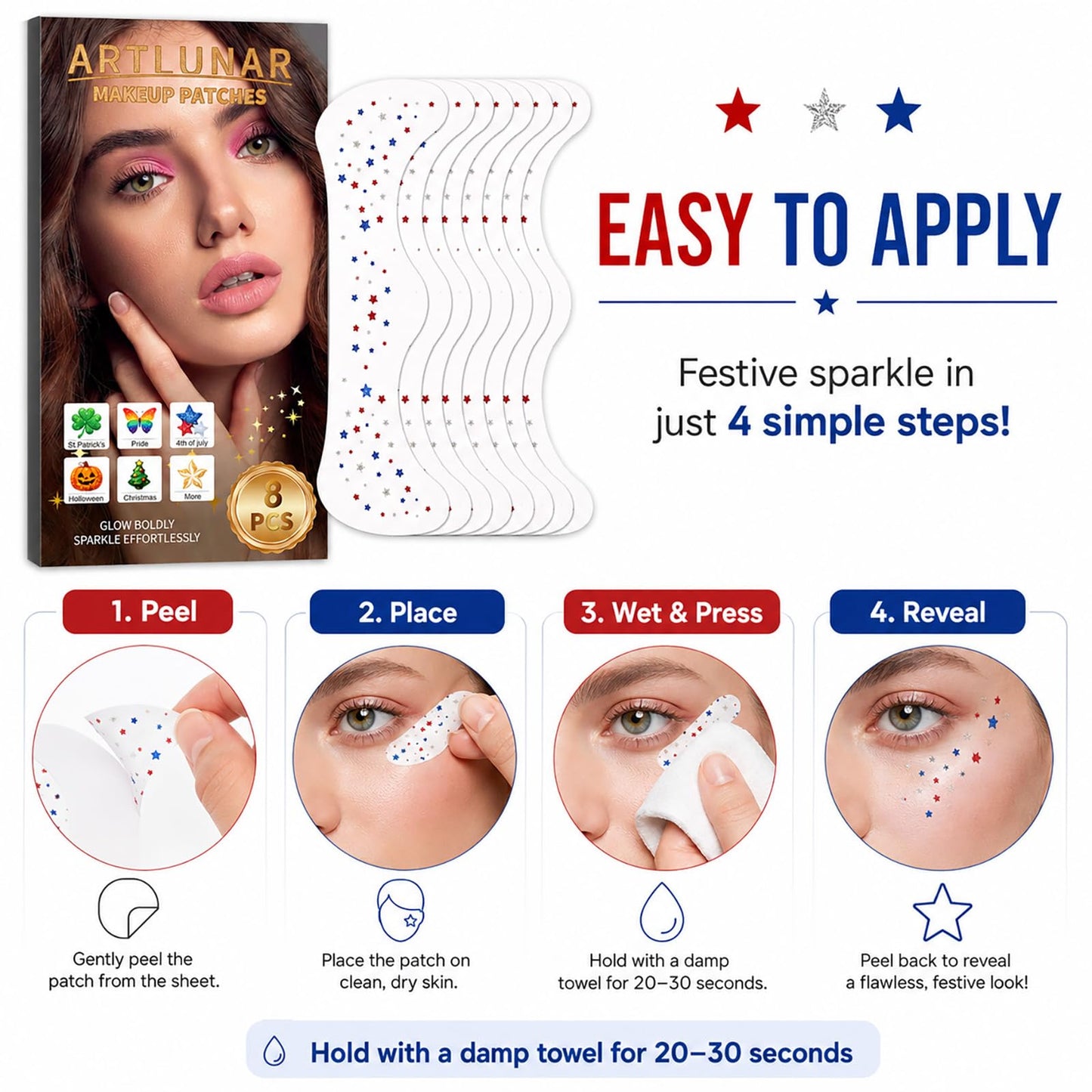 Artlunar 8Pcs 4th of July Face Tattoos, Red White Blue Irregular Mini Star Freckle Stickers for Women & Kids, Patriotic Makeup for Independence Day Beauty & Personal Care Artlunar