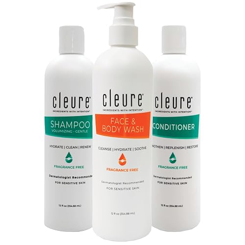Cleure Fragrance Free Shampoo and Conditioner Set with Body Wash - Hypoallergenic 3 Piece Sulfate Free Hair & Body Care for Sensitive Skin (12 oz Beauty & Personal Care Cleure