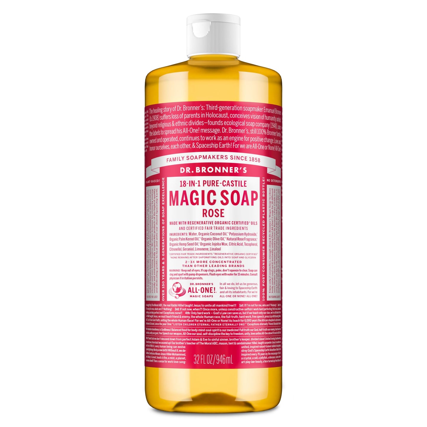 Dr. Bronner's Magic Soap Pure-Castile Liquid Soap (Rose, 32 Ounce) - Made with Regenerative Organic Certified Oils, 18-in-1 Uses: Face, Body, Hair Beauty & Personal Care Dr. Bronner's