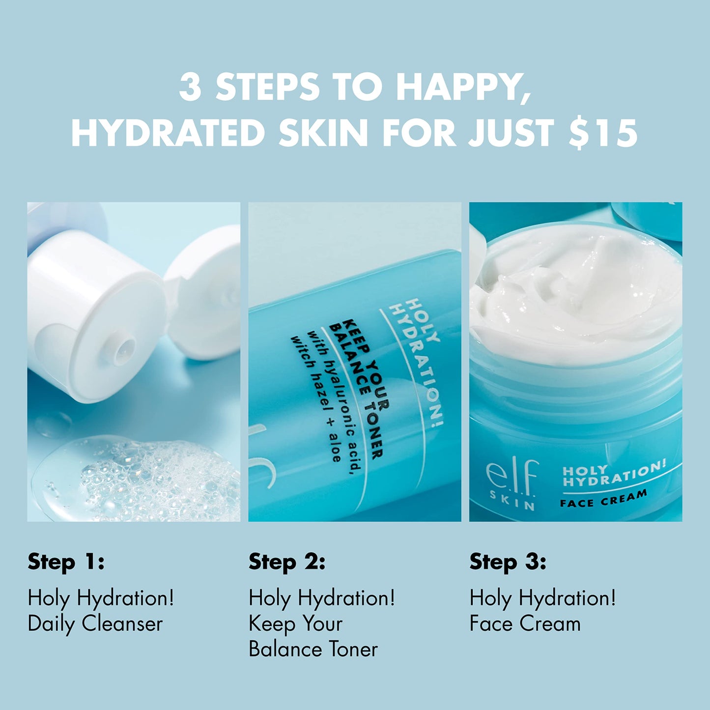 e.l.f. Skin Holy Hydration! The Essentials Mini Kit, Cleanser, Toner & Moisturizer for Hydrated & Balanced Skin, TSA-Friendly Sizes Beauty & Personal Care e.l.f.