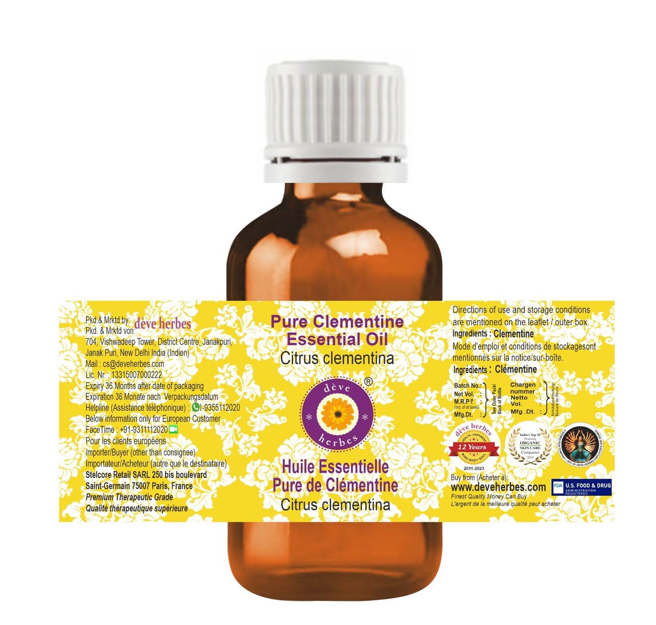 dève herbes Clementine Essential Oil (Citrus Clementina) Pure - Non-Sticky - Non-Greasy - Lightweight - Men & Women - All Skin Types - Steam Distilled Beauty and Personal Care dève herbes