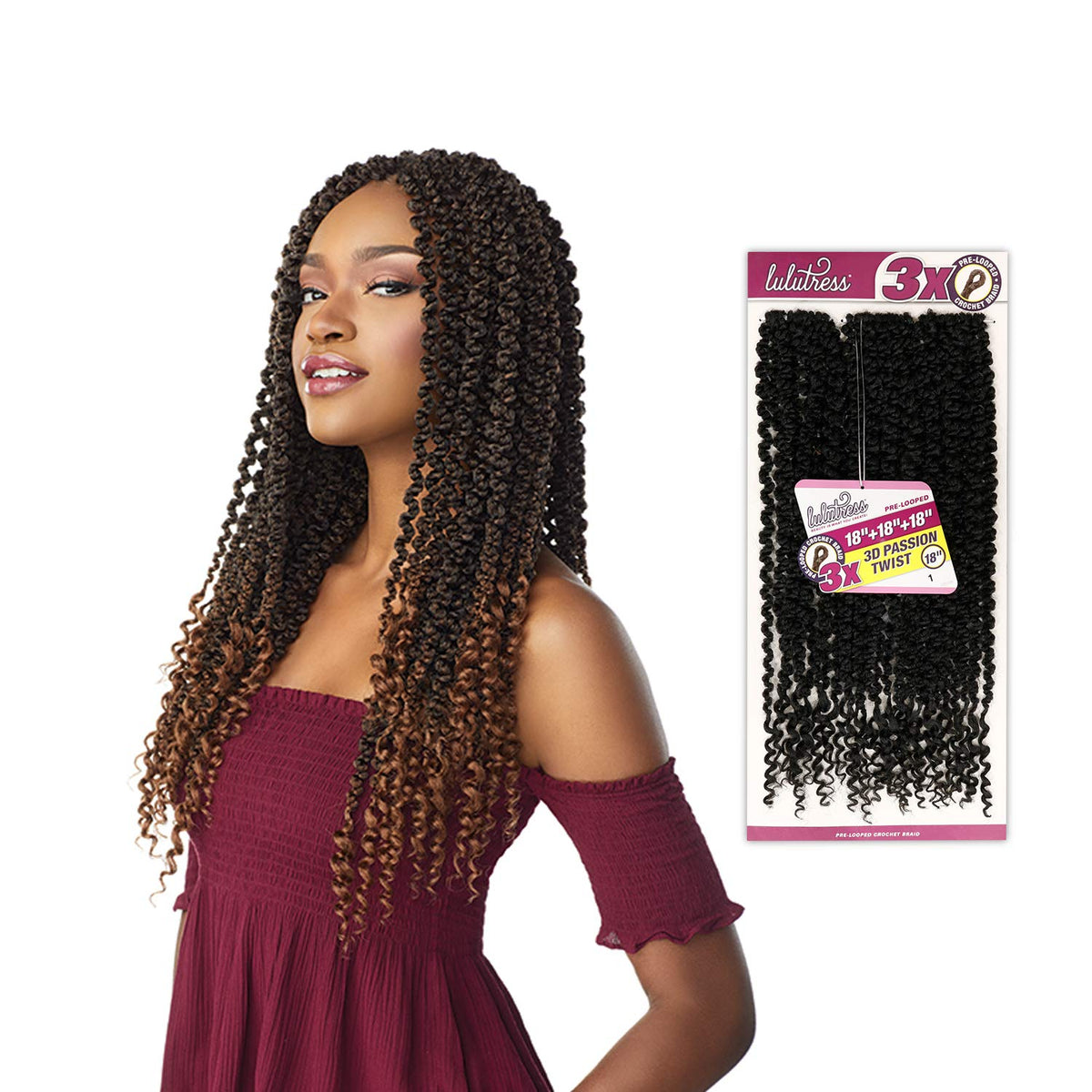 Sensationnel Lulutress Crochet Braids-3X 3D Passion Twist 18in,4 MEDBROWN