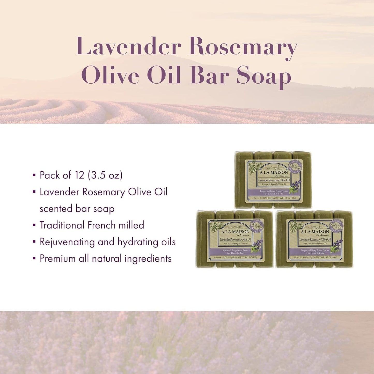 A LA MAISON Lavender Rosemary Olive Oil Bar Soap - Triple French Milled Natural Moisturizing Hand Soap Bar (12 Bars of Soap, 3.5 oz) Beauty & Personal Care A LA MAISON