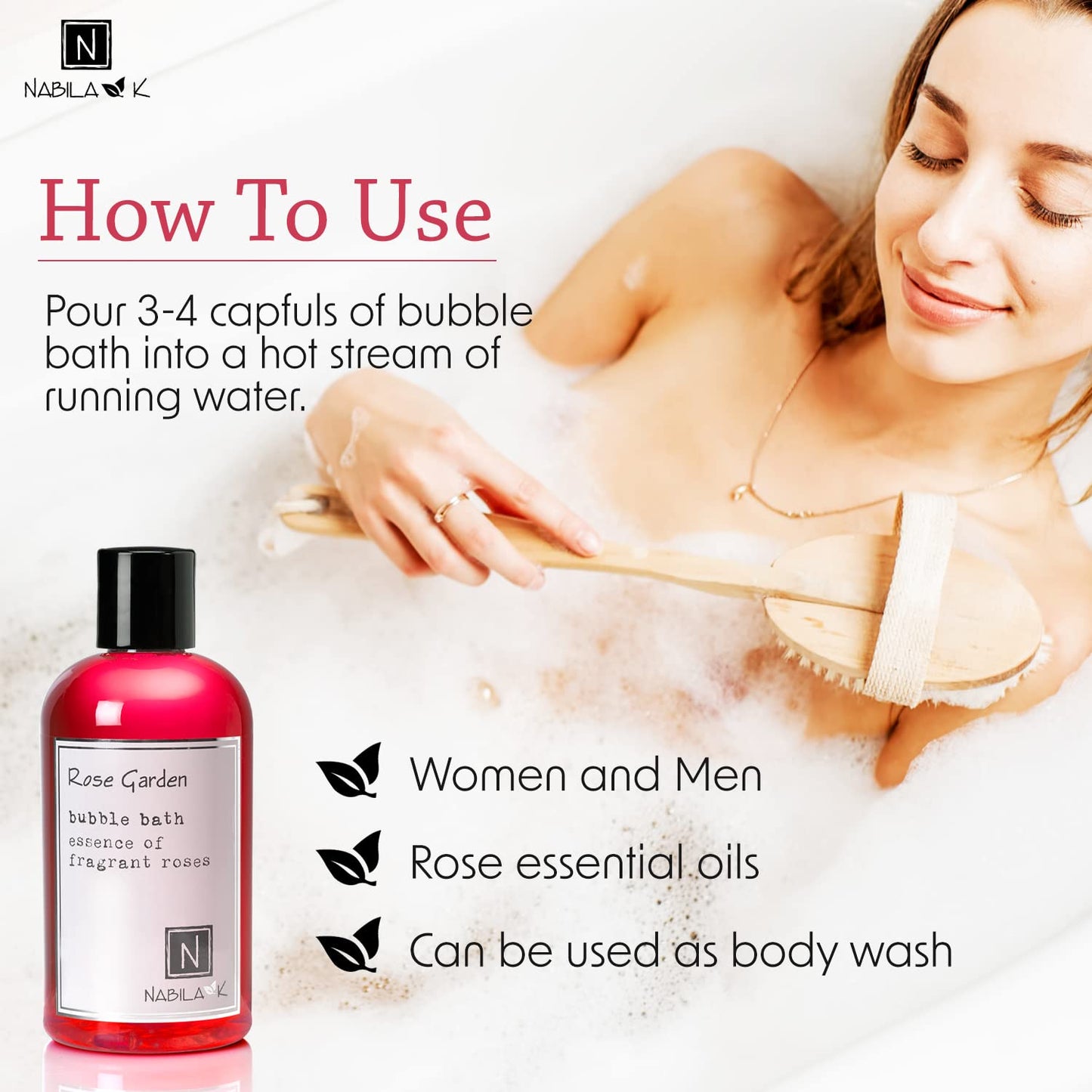 Rose Garden Bubble Bath by Nabila K - Essential Oils with Natural Ingredients for Sensitive Skin, Tear-Free, Gentle, Moisturizing - Luxury for Women Beauty & Personal Care Nabila K