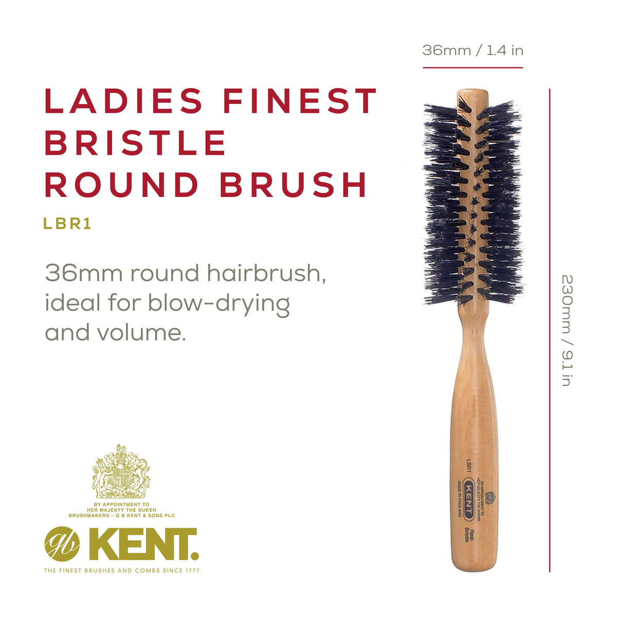 Kent LBR1 Finest Hair Brushes for Women Blow Dry Brush Made of Beechwood -Spiral Radial Boar Bristle Hairbrush for Short or Shaped Hair - Royal Salon