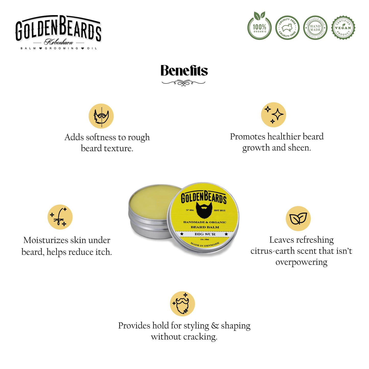 Golden Beards Organic Beard Balm Big Sur - Shea, Cocoa & Argan Butter Blend with Lime & Patchouli Scent - 30ml Vegan Beard Softener & Styling Balm Beauty and Personal Care Golden Beards Kobenhavn BALM GROOMING OIL