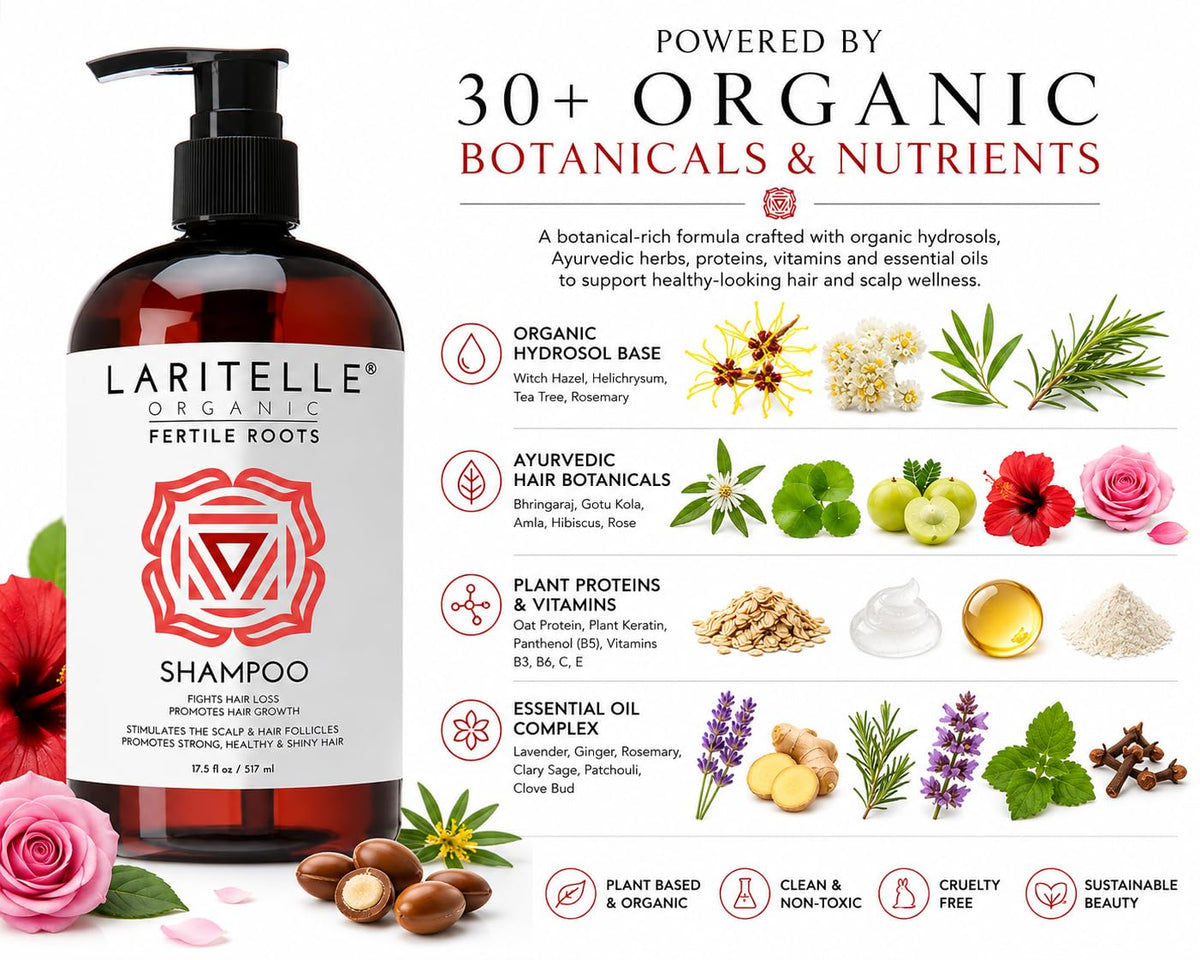 Laritelle Organic Hair Growth Shampoo 17.5 oz - Fortifying & Strengthening with Ayurvedic Herbs, Lavender, Ginger, Rosemary, Patchouli, Clove -