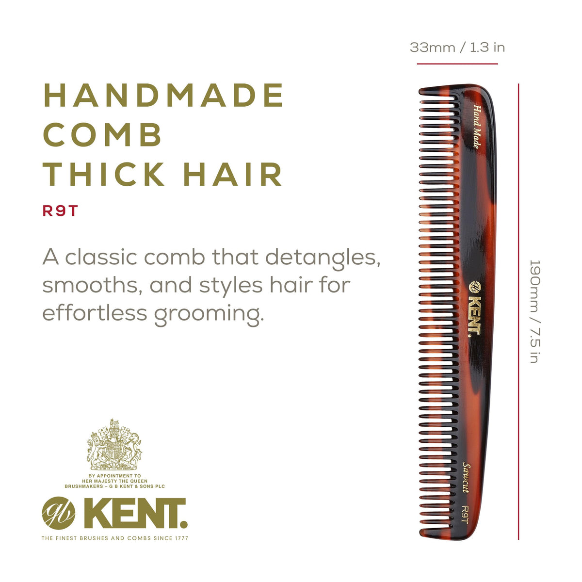 Kent R9T All Coarse Hair Detangling, Wide Teeth Dressing Table Comb for Thick Curly and Wavy Hair. Detangler Comb for Grooming and Styling, Beard and