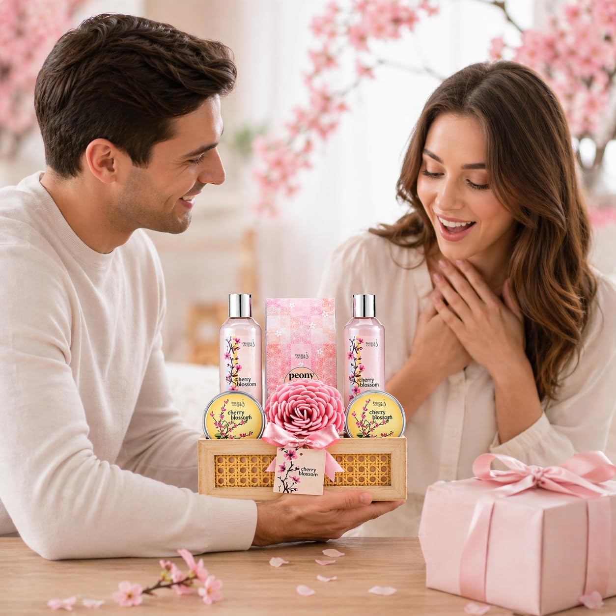 Cherry Blossom Spa Gift Basket for Women - Luxury Bath & Body Gift Set with Shower Gel, Bubble Bath, Body Scrub, Lotion & Bath Salts - Mother’s Day Beauty and Personal Care Freida and Joe
