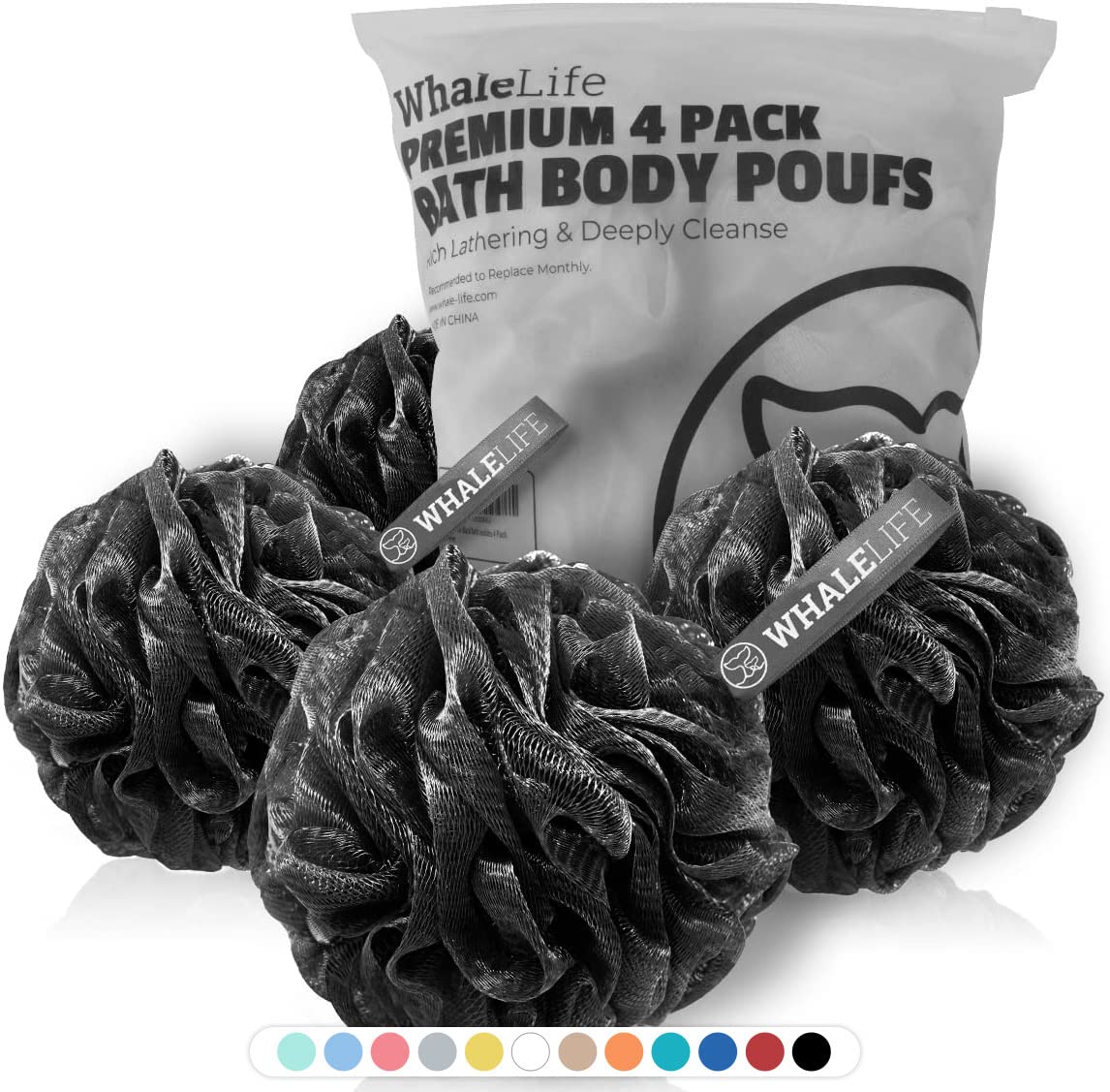 Shower Puff 4 Pack Black Bath Sponge Shower Loofahs Pouf Ball Nature Bamboo Charcoal Mesh Bulk Puffs Large, Shower Essential Skin Care by WhaleLife Beauty & Personal Care WhaleLife