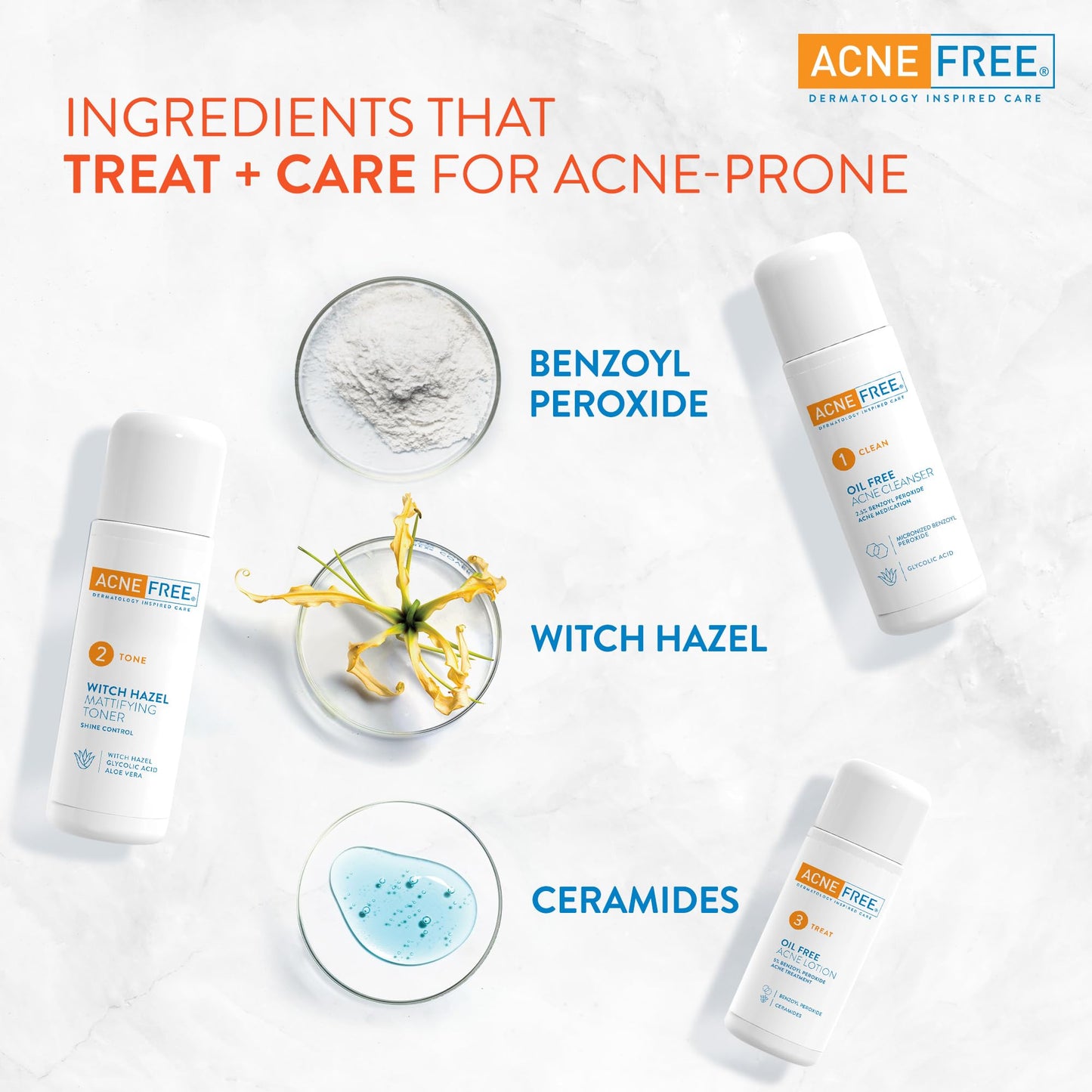 Acne Free 3 Step 24 Hour Acne Treatment Kit - Clearing System W Oil Free Acne Cleanser, Witch Hazel Toner, & Oil Free Acne Lotion - Acne Solution W Beauty & Personal Care AcneFree