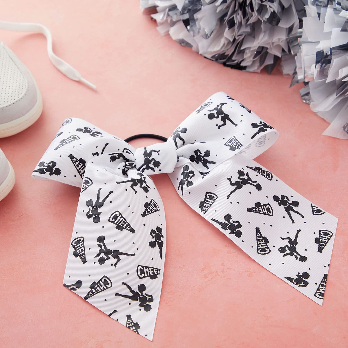 Okuna Outpost Cheer Bows for Cheerleaders & Gymnastics Ribbons for Hair - 3 x 8 in (20 Pack, White & Black) - Pre-Tied Elastic Ponytail Holders -