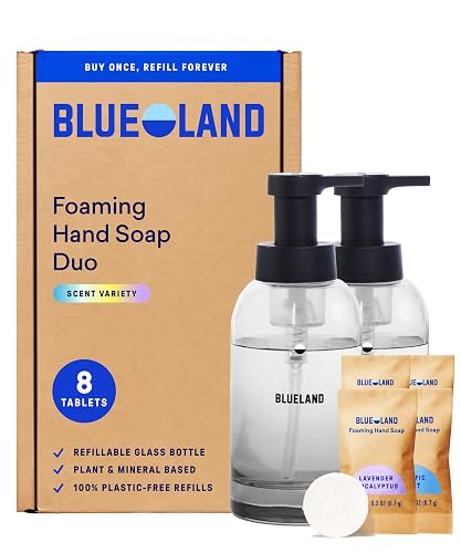 BLUELAND Hand Soap Duo, 2 Refillable Glass Foaming Hand Soap Dispensers with 8 Refill Tablets, Variety Scents, 8 x 9 Fl oz Beauty & Personal Care BLUELAND